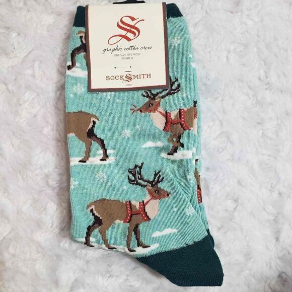 NWT Reindeer holiday socks womens shoe 5-10.5 - Picture 1 of 5